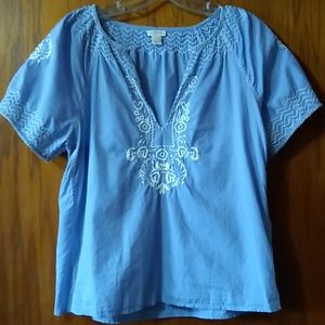 J. Crew Embroidered Boho Popover Chambray Blouse
